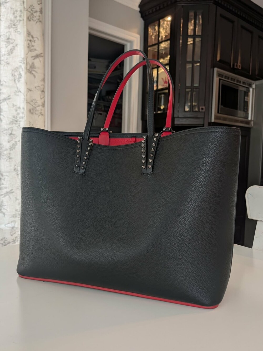 Louboutin Cabata Black Tote Bag with Red Interior and Stud Details